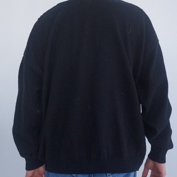 Vintage '80S Leather Fog Black 3D  Eclectic Grandpa Wool V-Neck Knit Sweater 3X - Picture 2 of 10